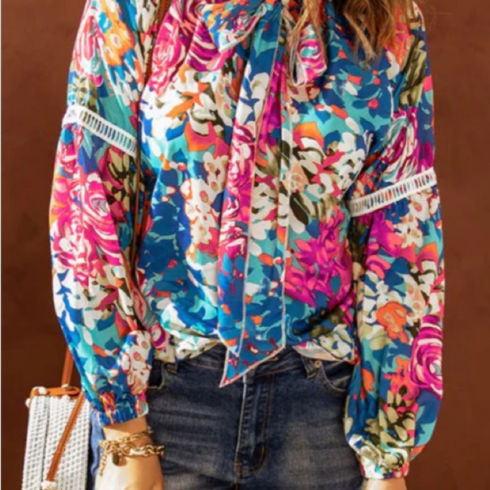 Pink and Blue Puff Sleeve Tie Front Blouse